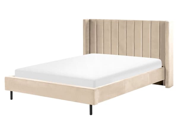 Parisänky beige sametti verhoiltu metallijalat 160 x 200 cm sälepohja tikattu pääty moderni tyyli