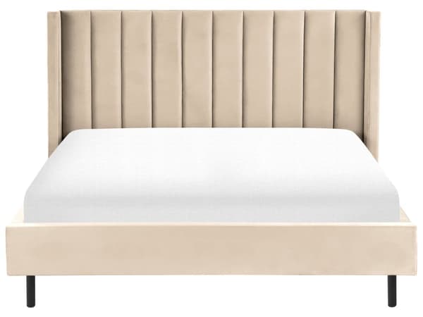 Dobbeltseng Beige Velour Stof Guldben 180 x 200 cm Moderne Sengeramme Polstret Quiltet Sengegavl Retro Kvalitetsseng Soveværelse Tilbehør