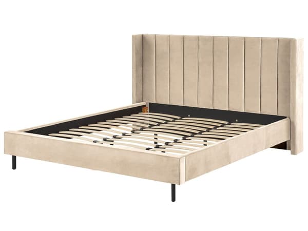 Dobbeltseng Beige Velour Stof Guldben 180 x 200 cm Moderne Sengeramme Polstret Quiltet Sengegavl Retro Kvalitetsseng Soveværelse Tilbehør