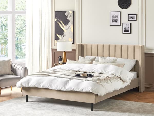 Dobbeltseng Beige Velour Stof Guldben 180 x 200 cm Moderne Sengeramme Polstret Quiltet Sengegavl Retro Kvalitetsseng Soveværelse Tilbehør