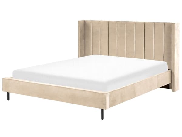 Dobbeltseng Beige Velour Stof Guldben 180 x 200 cm Moderne Sengeramme Polstret Quiltet Sengegavl Retro Kvalitetsseng Soveværelse Tilbehør