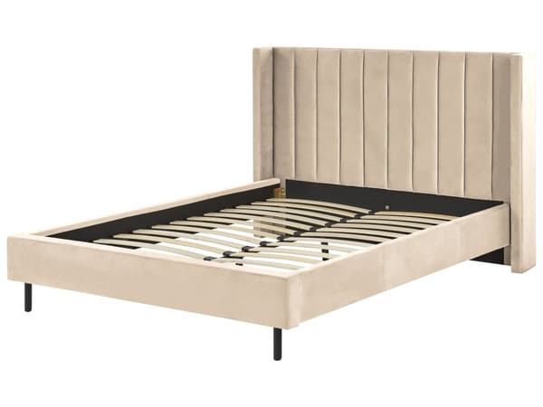 Seng Beige Velour Stof Guldben 140 x 200 cm Tre Kvart Halvanden Mands Seng Polstret Quiltet Sengegavl Retro Kvalitetsseng Teenageværelse