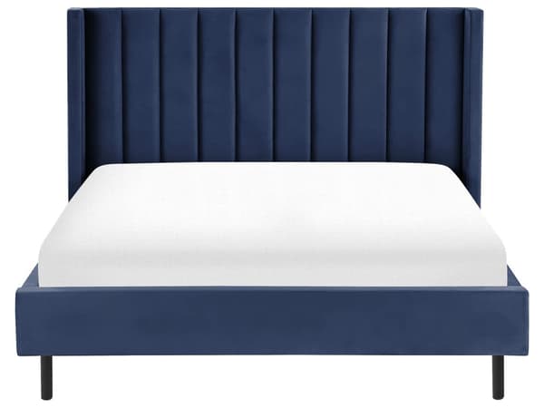 Dobbeltseng Blå Velour Stof Guldben 160 x 200 cm Moderne Sengeramme Polstret Quiltet Sengegavl Retro Kvalitetsseng Soveværelse Tilbehør