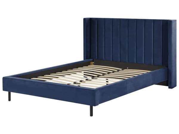 Dobbeltseng Blå Velour Stof Guldben 160 x 200 cm Moderne Sengeramme Polstret Quiltet Sengegavl Retro Kvalitetsseng Soveværelse Tilbehør