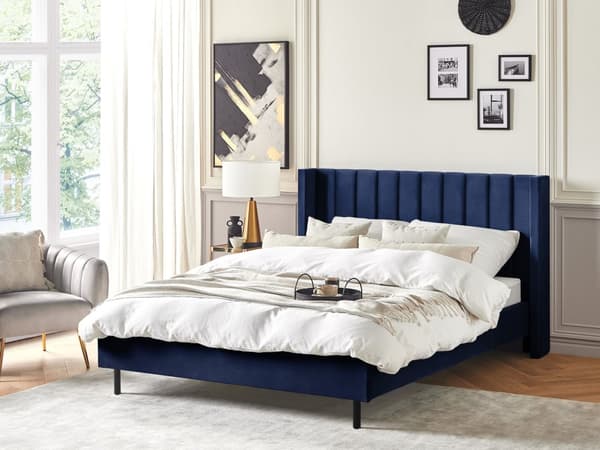 Dobbeltseng Blå Velour Stof Guldben 160 x 200 cm Moderne Sengeramme Polstret Quiltet Sengegavl Retro Kvalitetsseng Soveværelse Tilbehør