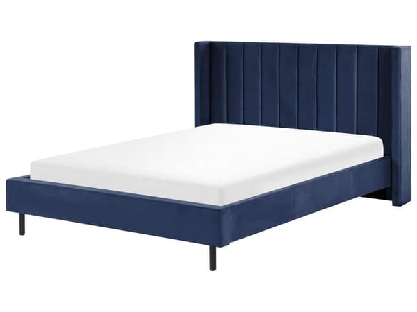 Dobbeltseng Blå Velour Stof Guldben 160 x 200 cm Moderne Sengeramme Polstret Quiltet Sengegavl Retro Kvalitetsseng Soveværelse Tilbehør