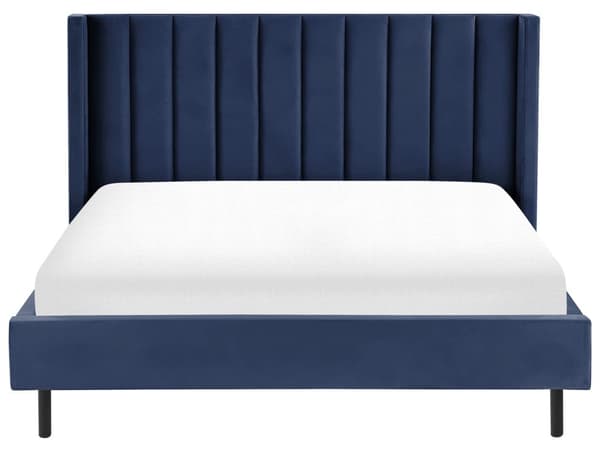 Dobbeltseng Blå Velour Stof Guldben 180 x 200 cm Moderne Sengeramme Polstret Quiltet Sengegavl Retro Kvalitetsseng Soveværelse Tilbehør