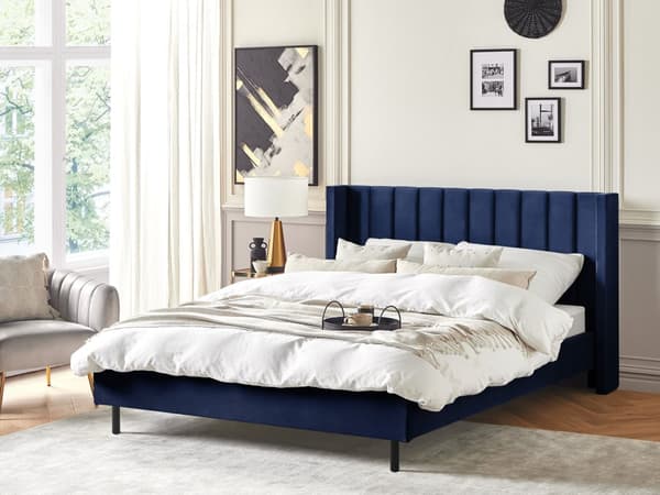 Dobbeltseng Blå Velour Stof Guldben 180 x 200 cm Moderne Sengeramme Polstret Quiltet Sengegavl Retro Kvalitetsseng Soveværelse Tilbehør