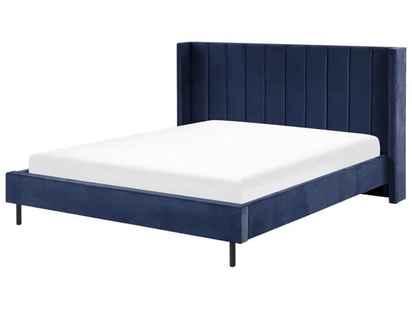 Dobbeltseng Blå Velour Stof Guldben 180 x 200 cm Moderne Sengeramme Polstret Quiltet Sengegavl Retro Kvalitetsseng Soveværelse Tilbehør