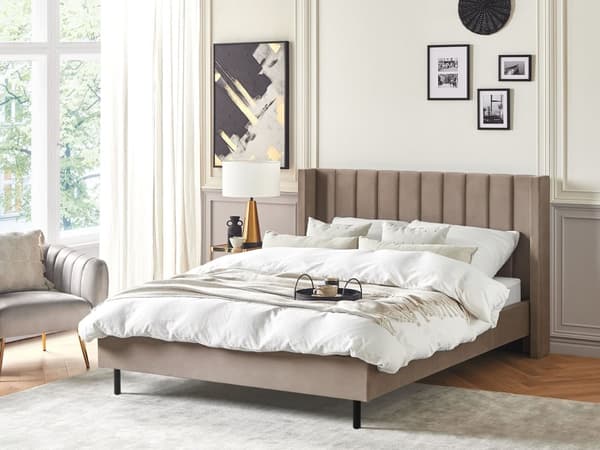 Dobbeltseng Taupe Velour Stof Guldben 160 x 200 cm Moderne Sengeramme Polstret Quiltet Sengegavl Retro Kvalitetsseng Soveværelse Tilbehør