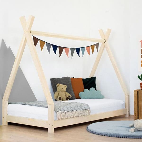 NAKANA Barnsäng Tipi - Benlemi - Massivt trä - Grå - 120 x 200 cm - Lamell - Montessori