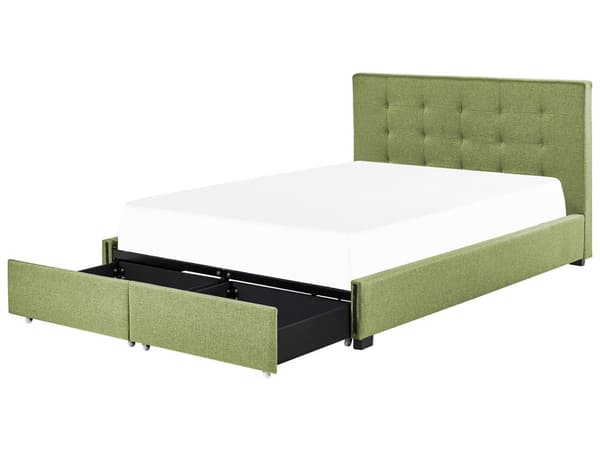 Parisänky vihreä kangas verhoilu 180 x 200 cm sälepohja laatikoilla tuftattu pääty glamour