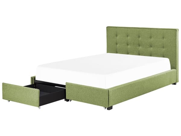 Parisänky vihreä kangas verhoilu 180 x 200 cm sälepohja laatikoilla tuftattu pääty glamour