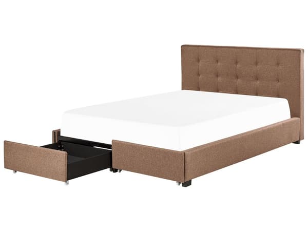 Parisänky ruskea kangas verhoilu 180 x 200 cm sälepohja laatikoilla tuftattu pääty glamour