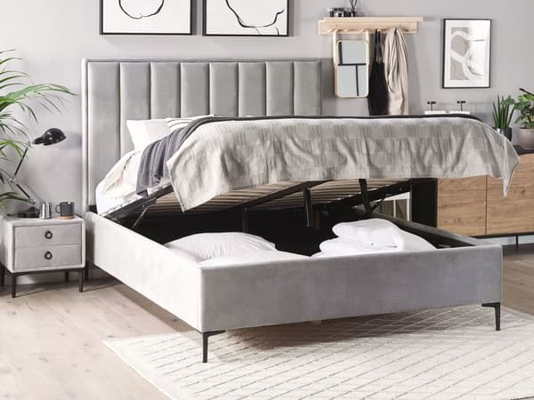 Dobbeltseng med oppbevaring Grå Fløyel 180 x 200 cm Svarte metallben Polstret sengegavl Glamorøs stil Sengeramme Soverom