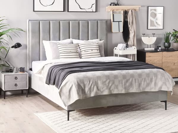 Dobbeltseng med oppbevaring Grå Fløyel 180 x 200 cm Svarte metallben Polstret sengegavl Glamorøs stil Sengeramme Soverom
