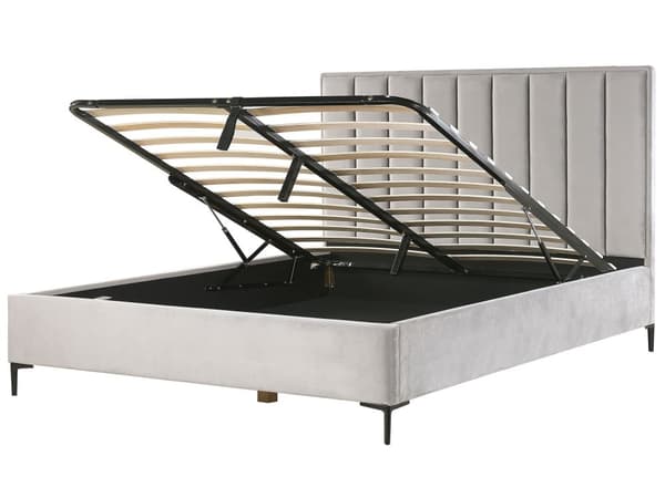 Dobbeltseng med oppbevaring Grå Fløyel 180 x 200 cm Svarte metallben Polstret sengegavl Glamorøs stil Sengeramme Soverom