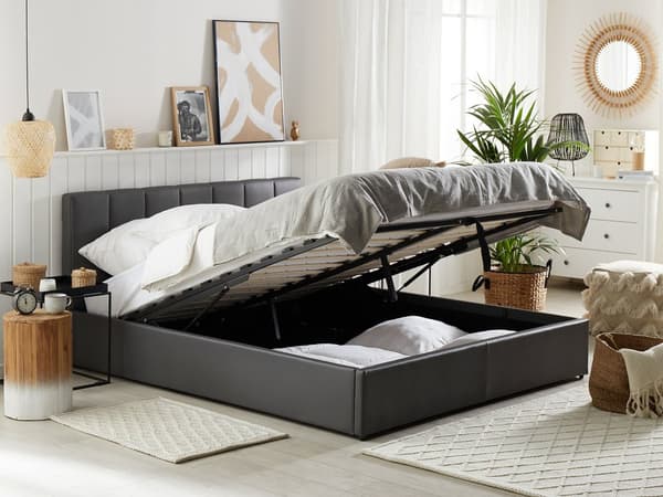 Seng med oppbevaring Grå Imitert skinn 160 x 200 cm Lamellbunn Sengegavl Moderne Soverom