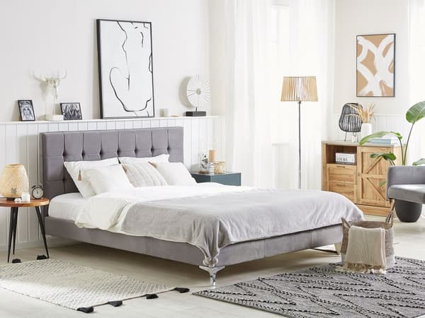 Seng Grå Fløyel 140 x 200 cm Lamellbunn Sengegavl med knappetufting Klassisk Moderne Glamour