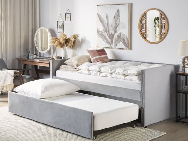 Underseng Lysegrå Fløyel Trelameller 90 x 200 cm Dagseng Glamour Dekorative knapper Minimalistisk Kompakt Skandinavisk