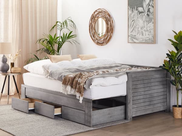 Sengeramme Tre Grå 90 x 200 cm Uttrekkbar 3 Skuffer med Lamellramme MDF-plate Elegant Skandinavisk Stil