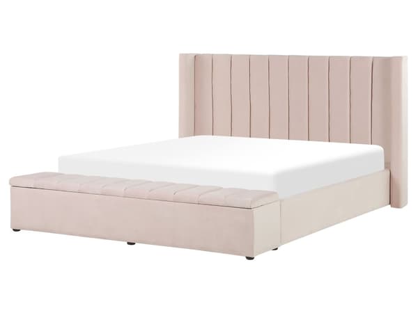 Seng Pastellrosa Fløyel 160 x 200 cm Oppbevaringsbenk Høy sengegavl Glamorøs Moderne Innredning Soverom