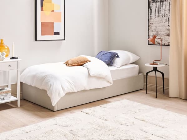 Seng Beige Polstret 90 x 200 cm Med oppbevaring Uten sengegavl Lamellbunn Soverom Innredning Moderne design