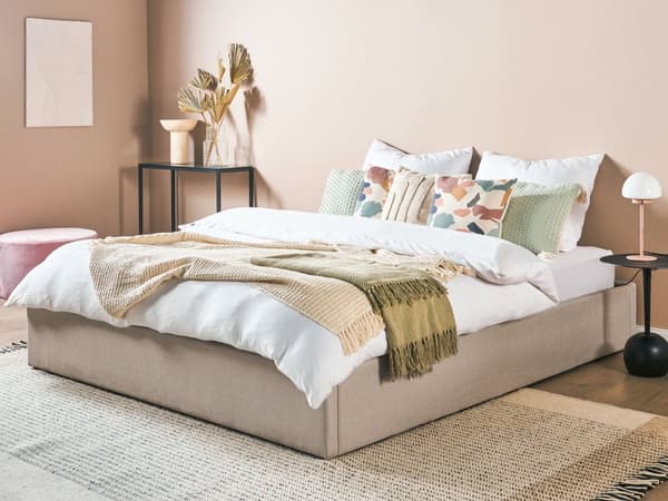 Seng Beige Polstret 180 x 200 cm Med oppbevaring Uten sengegavl Lamellbunn Soverom Innredning Moderne design