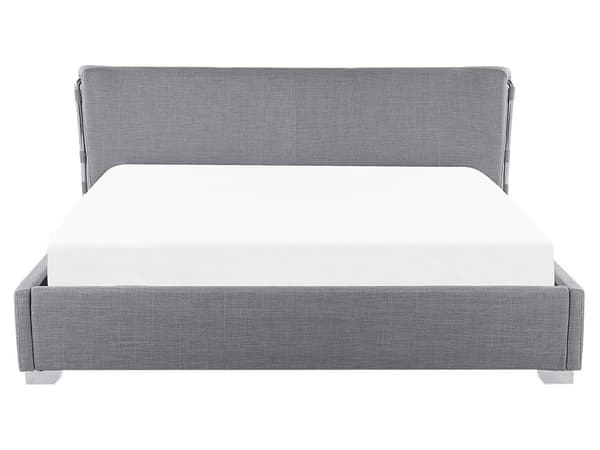 Dobbeltseng i grått stoff 160 x 200 cm tykk, polstret tomannsseng Lav sengeramme med høy sengegavl Moderne luksuriøs design Soveromstilbehør