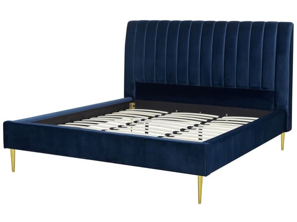 Marineblå seng med ramme polstret i fløyel med gylne ben 180 x 200 cm høy sengegavl i retrodesign
