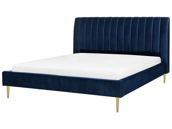 Marineblå seng med ramme polstret i fløyel med gylne ben 180 x 200 cm høy sengegavl i retrodesign