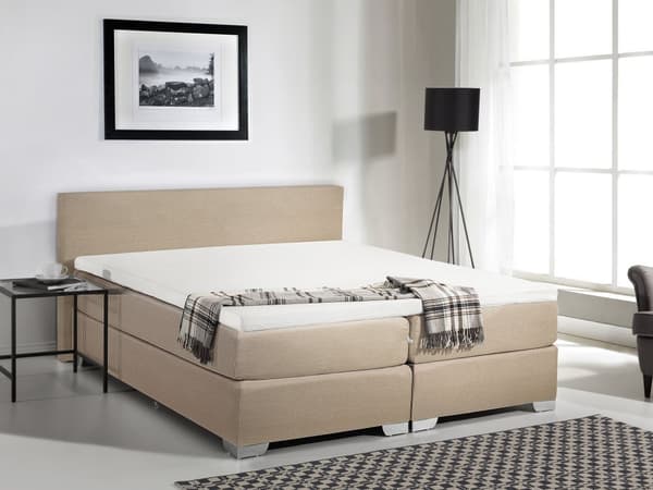 Kontinentalseng Beige Sølv Polyester Metallben 180 x 200 Dobbeltseng Boxmadrass med sengeramme og sengegavl Moderne Komfortabel Kvalitetsseng