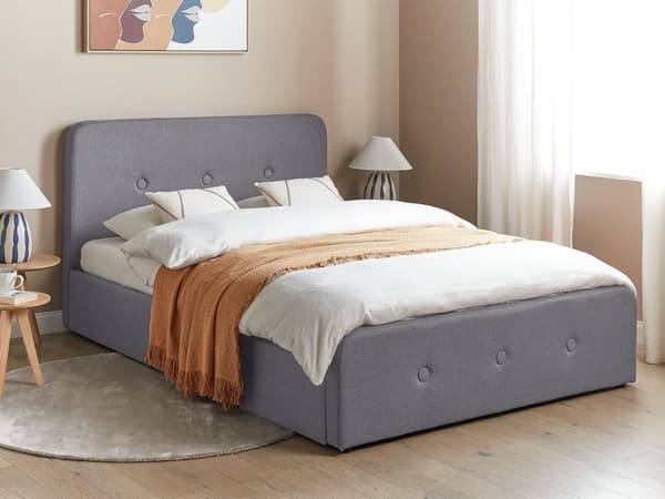 Spaltegulv Sengeramme Mørkegrå Polyester Stoff Polstret Treben Ottoman Oppbevaring 140 x 200 cm Moderne Design