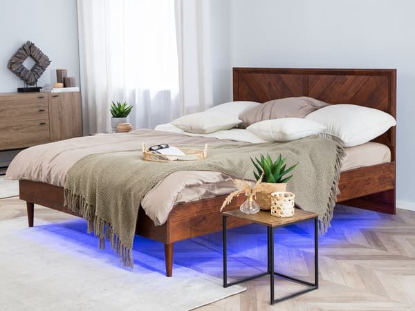Sengeramme i mørkt tre med flerfarget LED-belysning 140x200 cm Rustikk moderne design