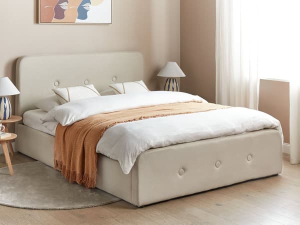 Spaltede Sengeramme Beige Polyester Stoff Polstret Treben Ottoman Oppbevaring 160 x 200 cm Moderne Design