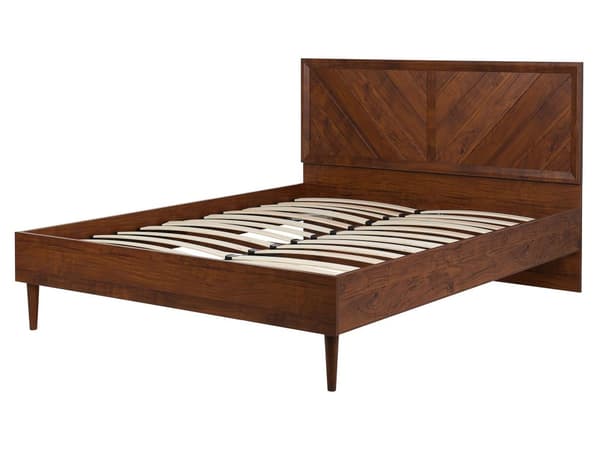 Seng med ramme i mørkt tre 160 x 200 cm høy sengegavl i rustikk rammedesign