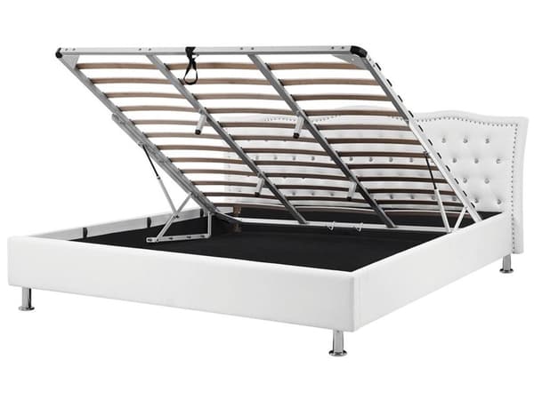 Dobbeltseng med oppbevaring Hvit Imitert skinn 180 x 200 cm Dekorative knapper og spikerhoder Sengegavl Glamorøs stil Sengeramme Soverom