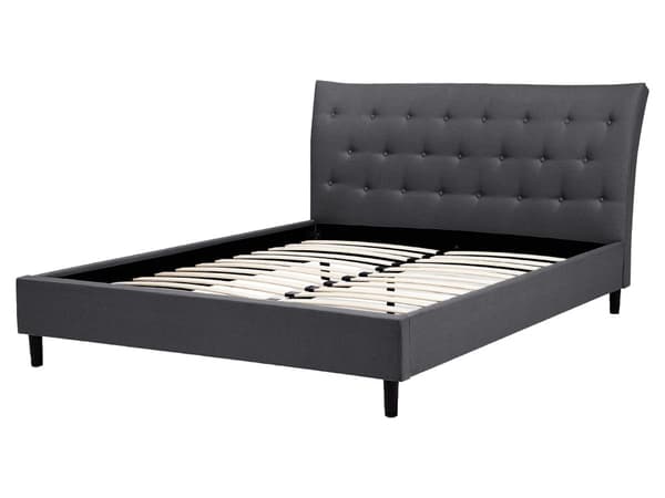 Sengeramme med spalter Mørkegrått Polyesterstoff Polstrede Treben Tuftet sengegavl 160 x 200 cm Moderne Design