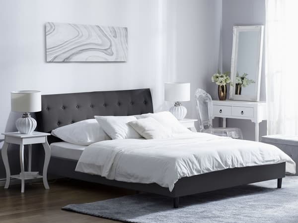 Sengeramme med spalter Mørkegrått Polyesterstoff Polstrede Treben Tuftet sengegavl 160 x 200 cm Moderne Design