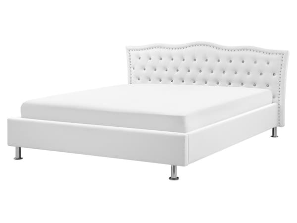 Seng Hvit Imitert skinn 160 x 200 cm Dekorative knapper og spikerhoder Sengegavl Glamorøs stil Dobbeltseng Sengeramme Soverom
