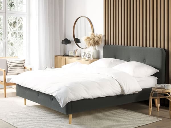 Seng Lyse treben Mørkegrått polyesterstoff 160 x 200 cm Dobbeltseng Kvalitetssengegavl Knappet Moderne minimalistisk sengeramme