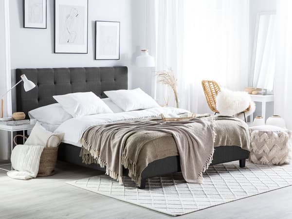 Seng mørkegrå polyester 160 x 200 cm moderne myk polstret dobbeltseng tuftet hodegjerde soverom inspirasjon kvalitetsseng