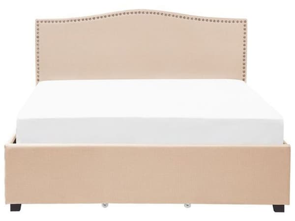 Dobbeltseng Beige Polyester 180 x 200 cm Polstret sengeramme med oppbevaring med skuffer på hjul Sengegavl Glamourknappmønster Soveromsinnredning
