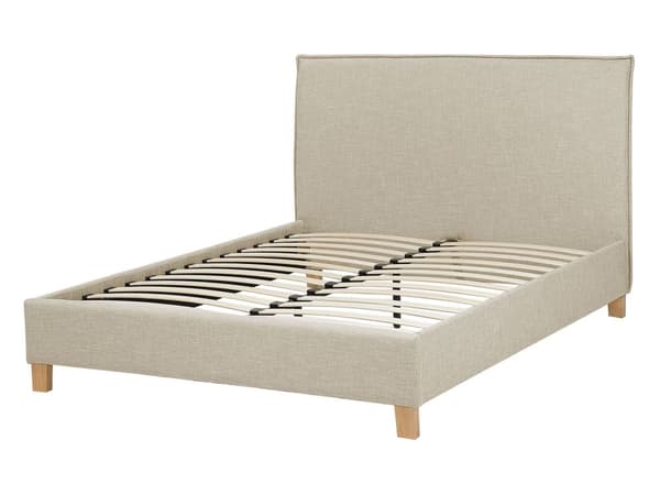 Beige, polstret dobbeltseng 140 x 200 cm med ramme og sengegavl i skandinavisk stil