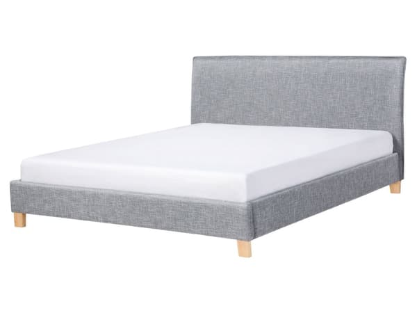 Grå, polstret dobbeltseng 160 x 200 cm med ramme og sengegavl i skandinavisk stil