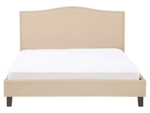Dobbeltseng Beige Polyester 160 x 200 cm Polstret sengeramme med Camel Back-sengegavl i Glamour Nailhead Knappemønster Soverom Inspirasjon
