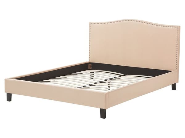 Dobbeltseng Beige Polyester 160 x 200 cm Polstret sengeramme med Camel Back-sengegavl i Glamour Nailhead Knappemønster Soverom Inspirasjon