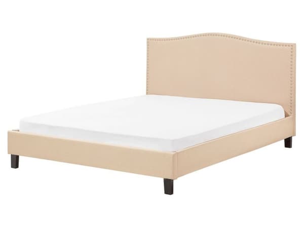 Dobbeltseng Beige Polyester 160 x 200 cm Polstret sengeramme med Camel Back-sengegavl i Glamour Nailhead Knappemønster Soverom Inspirasjon
