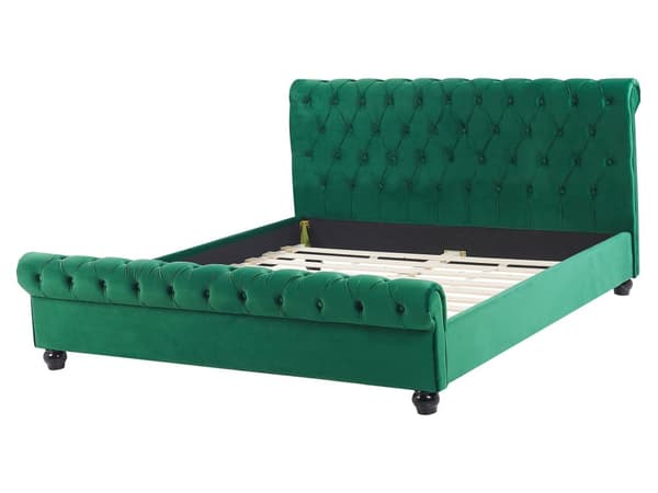 Seng Grønn Fløyel 160 x 200 cm Svarte treben Hodegavl Chesterfield Klassisk design
