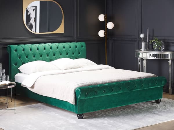 Seng Grønn Fløyel 160 x 200 cm Svarte treben Hodegavl Chesterfield Klassisk design